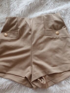H&M High-Waist Tan Tailored Shorts with Gold Buttons
